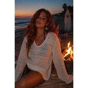 Villager Open Knit Sweater XL Beach Bonfire Coastal Grandma Boho Cover Up Summer